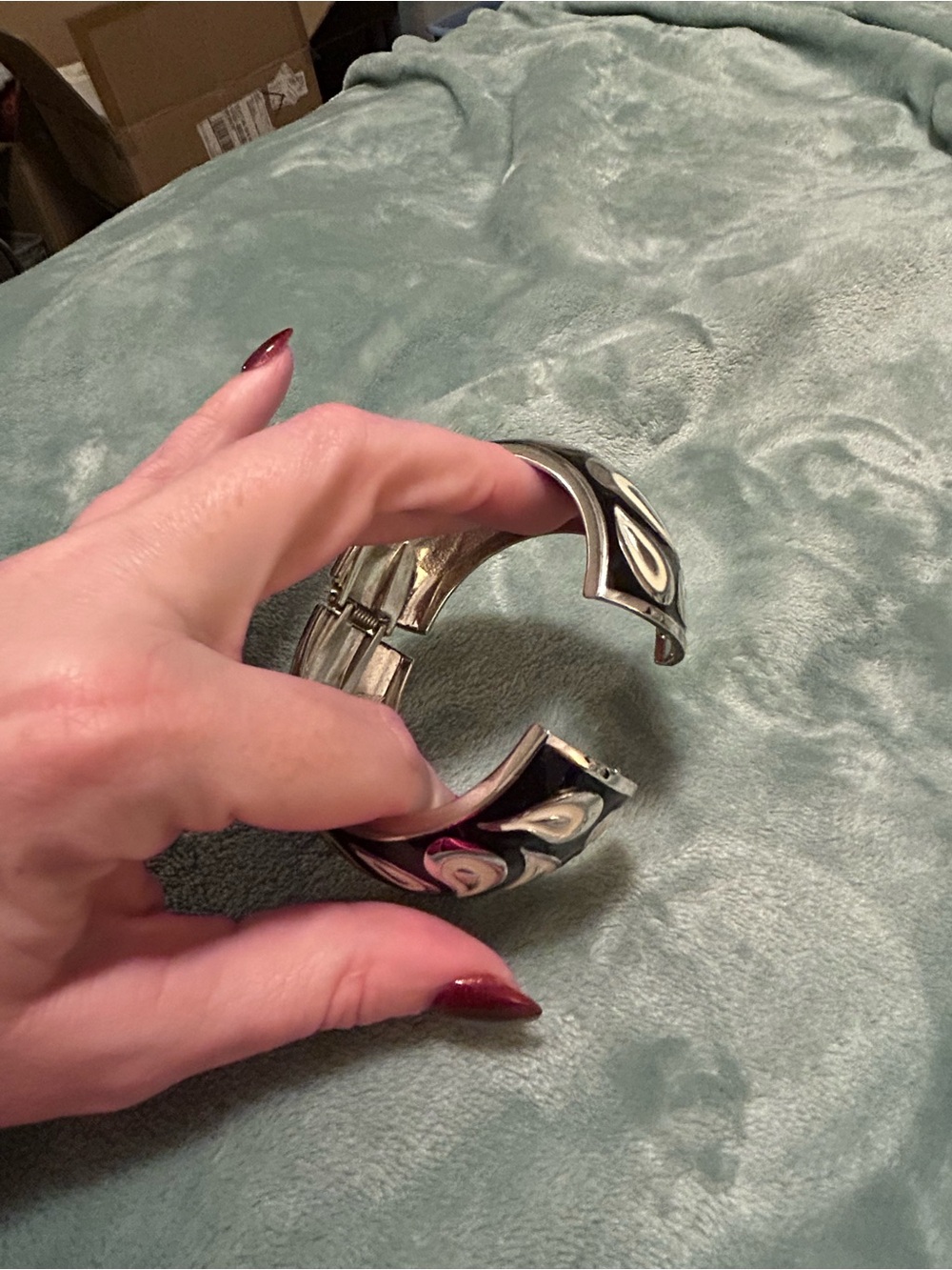 New York & Company Silver Black and Cream Enamel Bangle Bracelet Trio - Picture 6 of 8